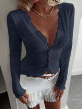Lace hem long sleeve ribbed button v neck solid top