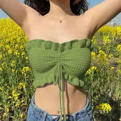 Ribbed contrast halter cross front drawstring backless crop top - Final Sale
