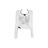 Butterfly pattern long sleeve button contrast 2 piece crop top