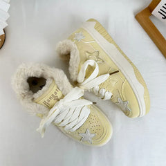 Pastel Yellow Star Fur-Lined Sneakers