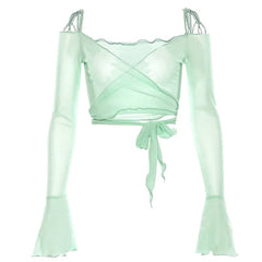 Y2K Aesthetic Flare Sleeves Mesh Top