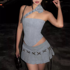 Y2K Asymmetrical Top & Pleated Mini Skirt Co-Ord