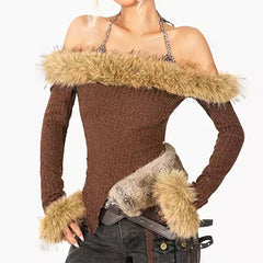Y2K Fuzzy Off-Shoulder Top