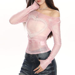 Y2K Ruffled Heart Long Sleeve Top