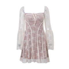 Lace square neck long flared sleeve zip-up ruffle mini dress