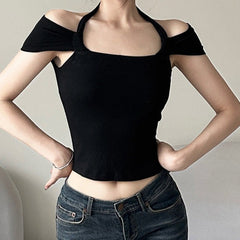 Halter ruched off shoulder solid backless top