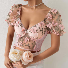 Butterfly embroidery drawstring mesh lace up bustier crop top