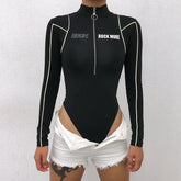 Zip-up "ROCK" pattern high neck long sleeve bodysuit