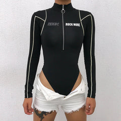 Zip-up "ROCK" pattern high neck long sleeve bodysuit