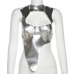 Metallic self tie cross back sleeveless hollow out crop top