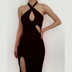 Hollow out halter slit solid off shoulder midi dress