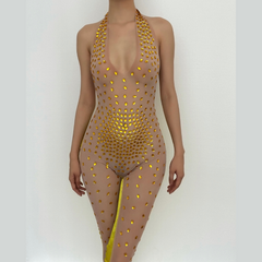 Beaded v neck halter self tie mesh velvet sleeveless jumpsuit