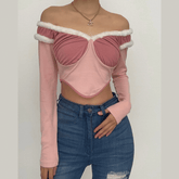 Furry contrast long sleeve off shoulder ruched crop top
