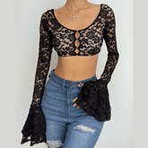 Long flared sleeve lace u neck button backless crop top