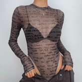 Long sleeve letter print sheer mesh see through crewneck bodysuit