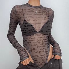 Long sleeve letter print sheer mesh see through crewneck bodysuit