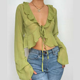 PRE ORDER - Chiffon see through ruffled long sleeve top