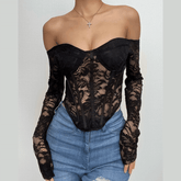 Lace solid long sleeve corset off shoulder top
