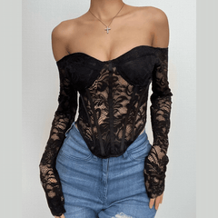 Lace solid long sleeve corset off shoulder top
