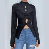 Long sleeve high neck fluffy hollow out gloves slit crop top