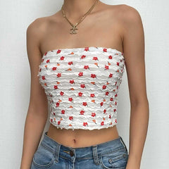 Textured flower print contrast backless tube crop top - Final Sale