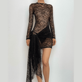 Lace see through long sleeve zip-up self tie ruched mini dress