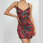 Flower print contrast lace hem cross back ruched mini dress