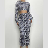 Contrast print long sleeve backless hollow out ruched midi skirt set