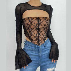 Flared sleeve lace beaded shrug corset 2 piece top