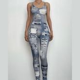Denim print cross back u neck sleeveless jumpsuit
