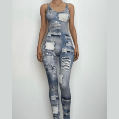 Denim print cross back u neck sleeveless jumpsuit