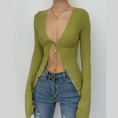 Textured solid slit flared sleeve ruffle self tie crop top