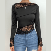 Lace patchwork irregular stitch long sleeve top