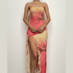 Gradient slit ruffle contrast backless tube maxi dress