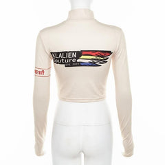 Halibuy Long sleeve high neck letter print crop top