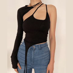 Hollow out irregular one shoulder solid top