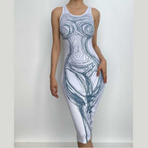 Line pattern contrast u neck body print sleeveless midi dress