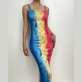 Contrast print ruffle backless maxi dress