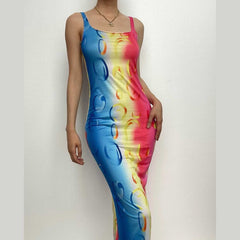 Contrast print ruffle backless maxi dress