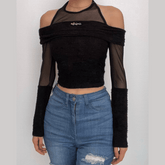 Fluffy metal tag mesh patchwork halter long sleeve top