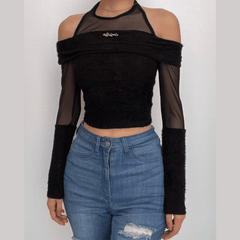 Fluffy metal tag mesh patchwork halter long sleeve top