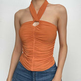 Halter ruched backless mesh solid hollow out top