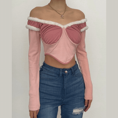 Furry contrast long sleeve off shoulder ruched crop top