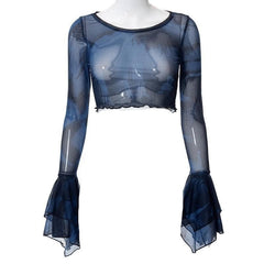 Round neck sheer mesh print long sleeve crop top