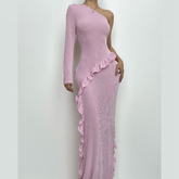 One shoulder solid ruffle irregular maxi dress