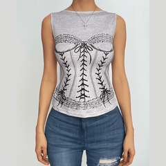 Crewneck bowknot bustier print sleeveless top