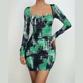 Ruched contrast print long sleeve sweetheart neck mini dress