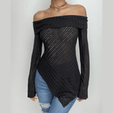 Off shoulder long sleeve textured irregular solid top