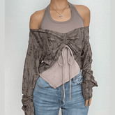 Textured drawstring halter long sleeve contrast 2 piece top