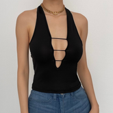 Halter irregular v neck backless solid crop top
